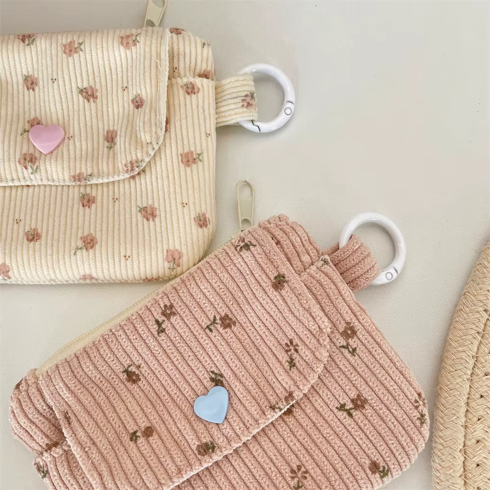 Porte-monnaie en velours côtelé imprimé avec fermeture éclair et porte-clés, petit portefeuille mignon pour enfants, porte-cartes de crédit avec fermeture éclair, porte-carte d'identité, sac à cartes