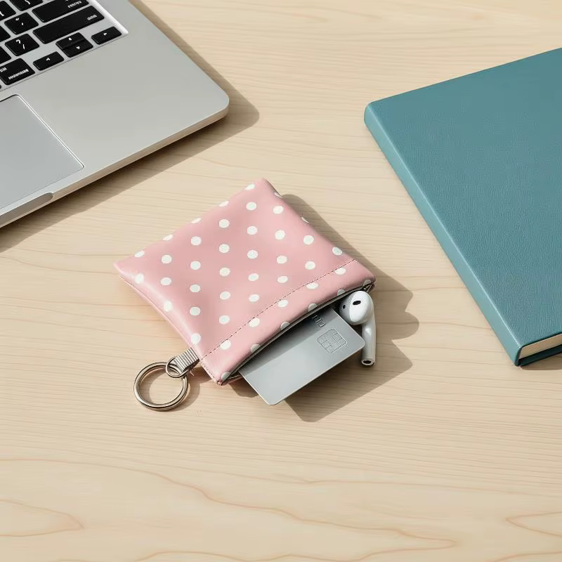 Porte-monnaie à ressort en cuir PU à pois avec porte-clés