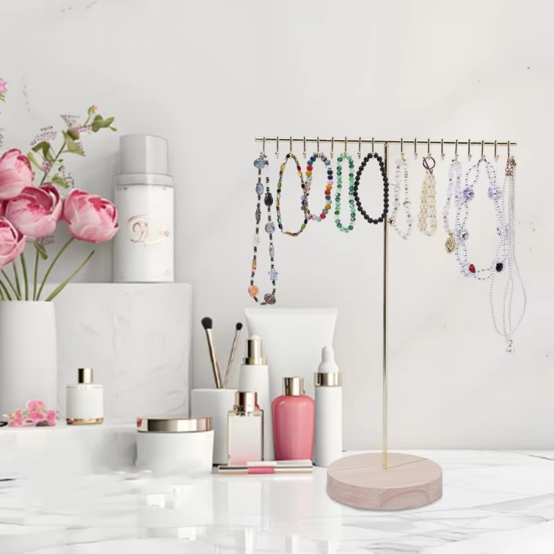 Présentoir à bijoux en métal avec base en bois, support de rangement esthétique pour colliers longs