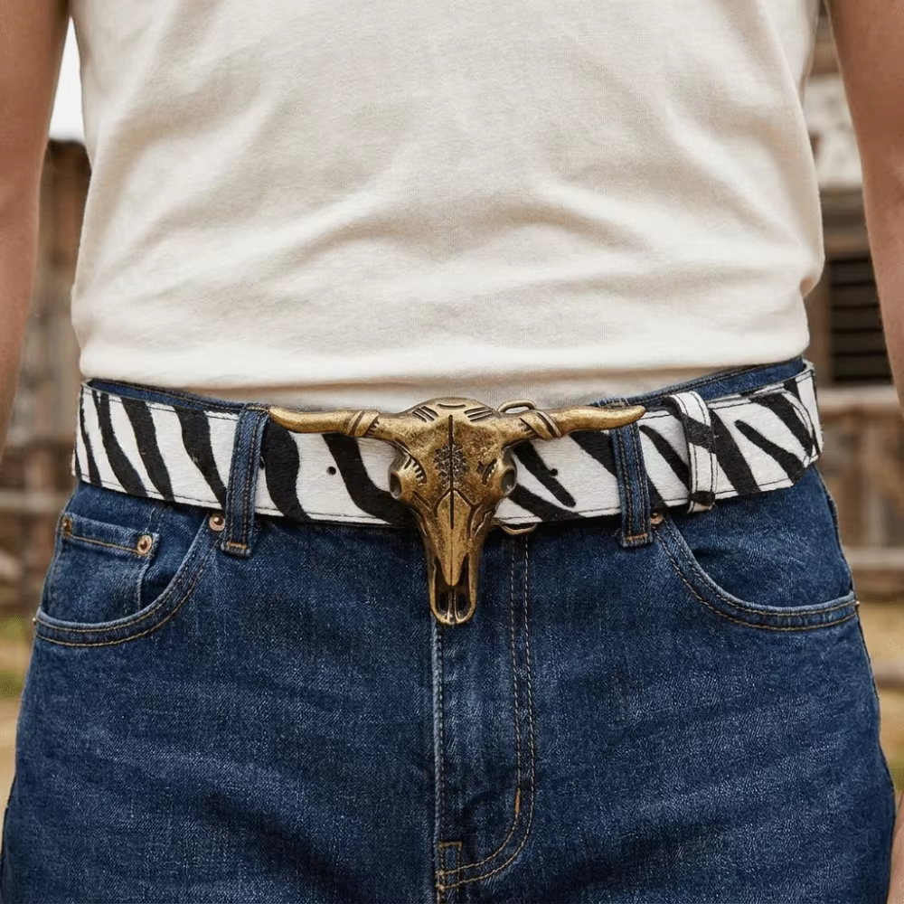 Ceinture en cuir avec boucle tête de taureau western