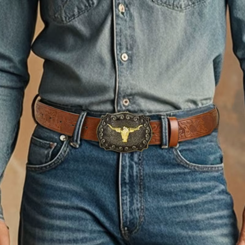 Ceinture de cowboy occidentale pour homme 2026 - Ceinture en PU noir élégante et stylée avec motif gaufré et boucle en alliage tendance
