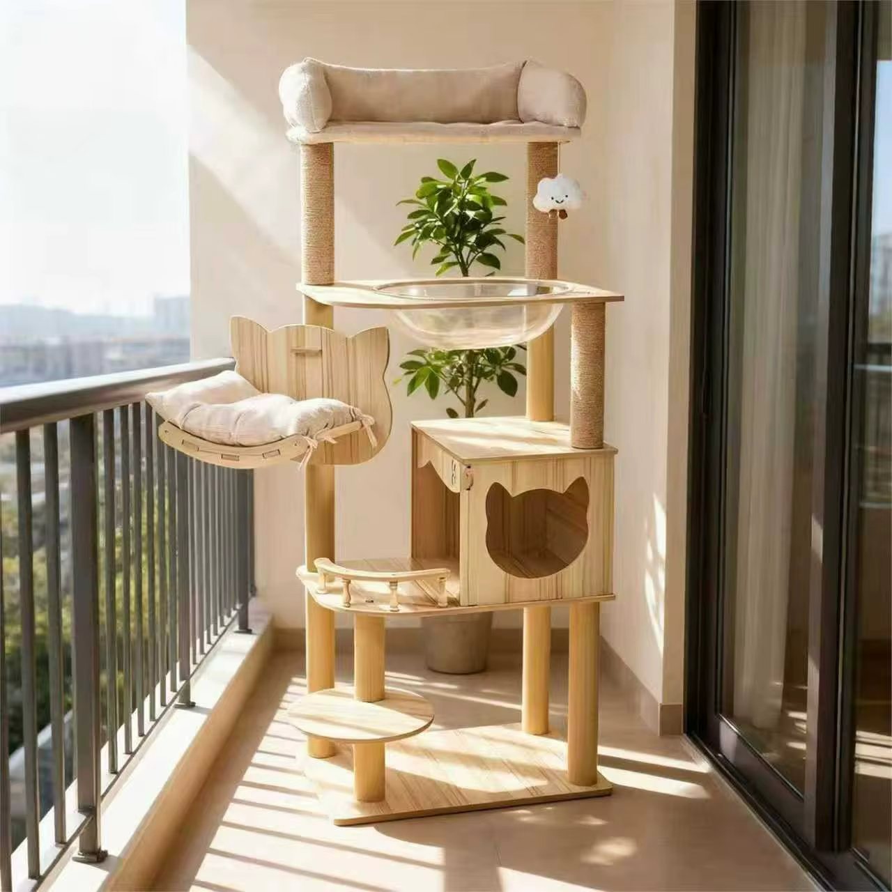 Arbre à chat en bois haut avec condo pour chat et perchoir en peluche pour chats d'intérieur