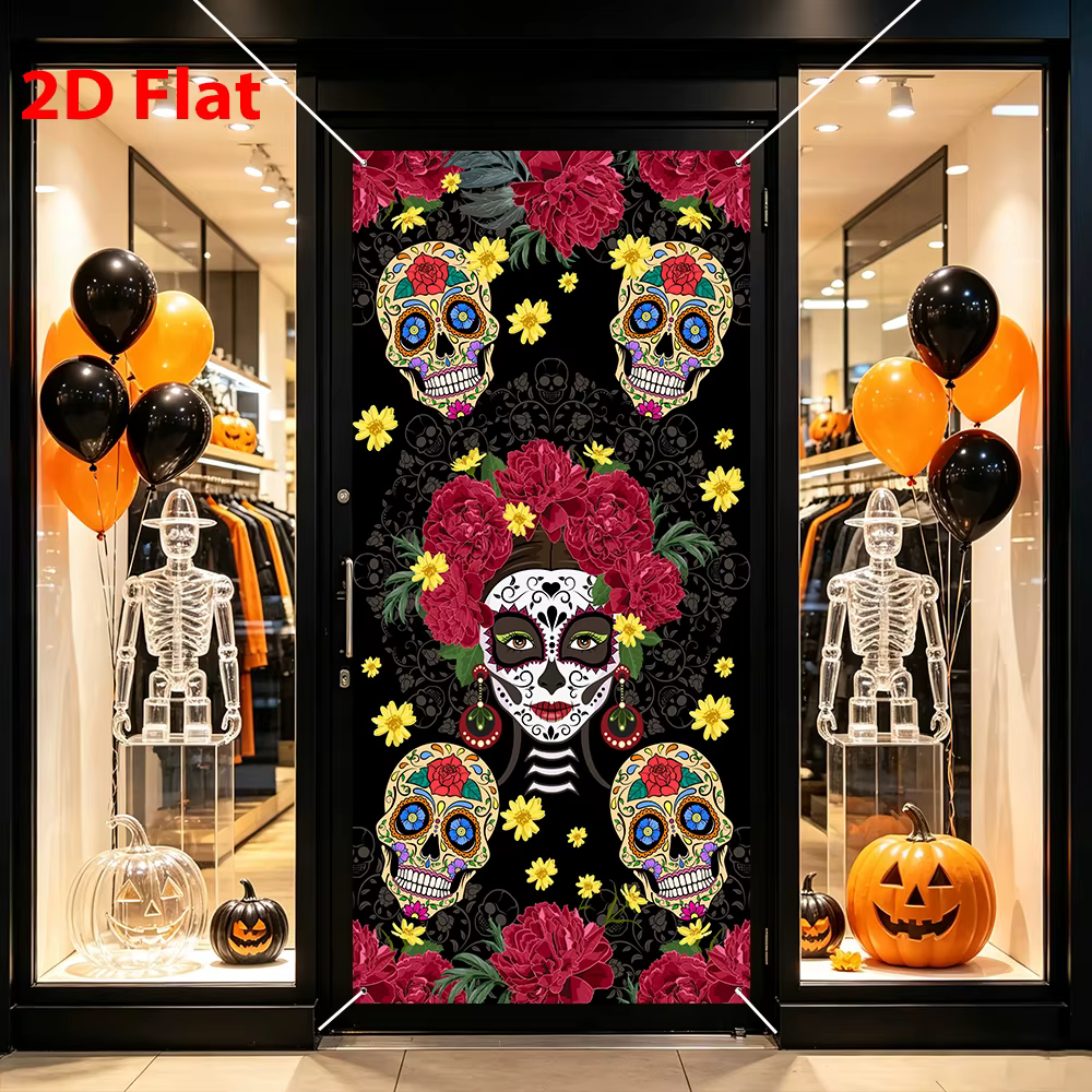 Housse de porte et toile de fond suspendue pour le Jour des Morts, motif floral tête de mort mexicaine, pour Halloween, décoration de porte d'entrée, mur, fenêtre, fournitures de fête