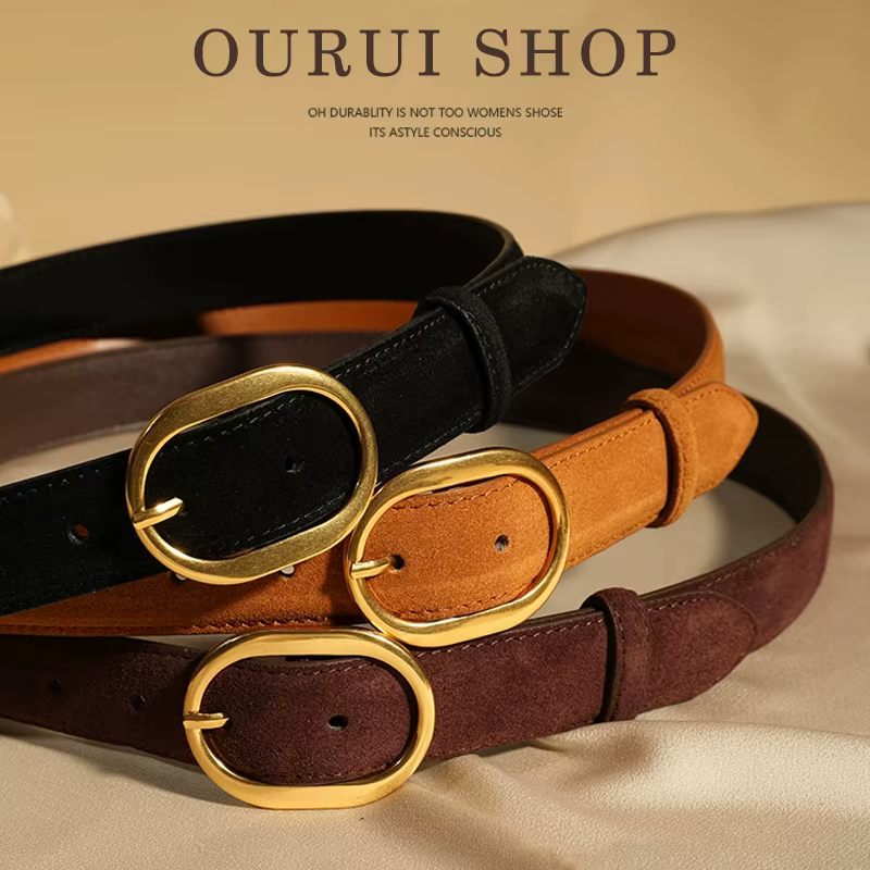 Ceinture en daim pour femmes avec boucle ardillon en alliage doré, largeur 2.8cm, Style de créateur de mode pour manteau en jean