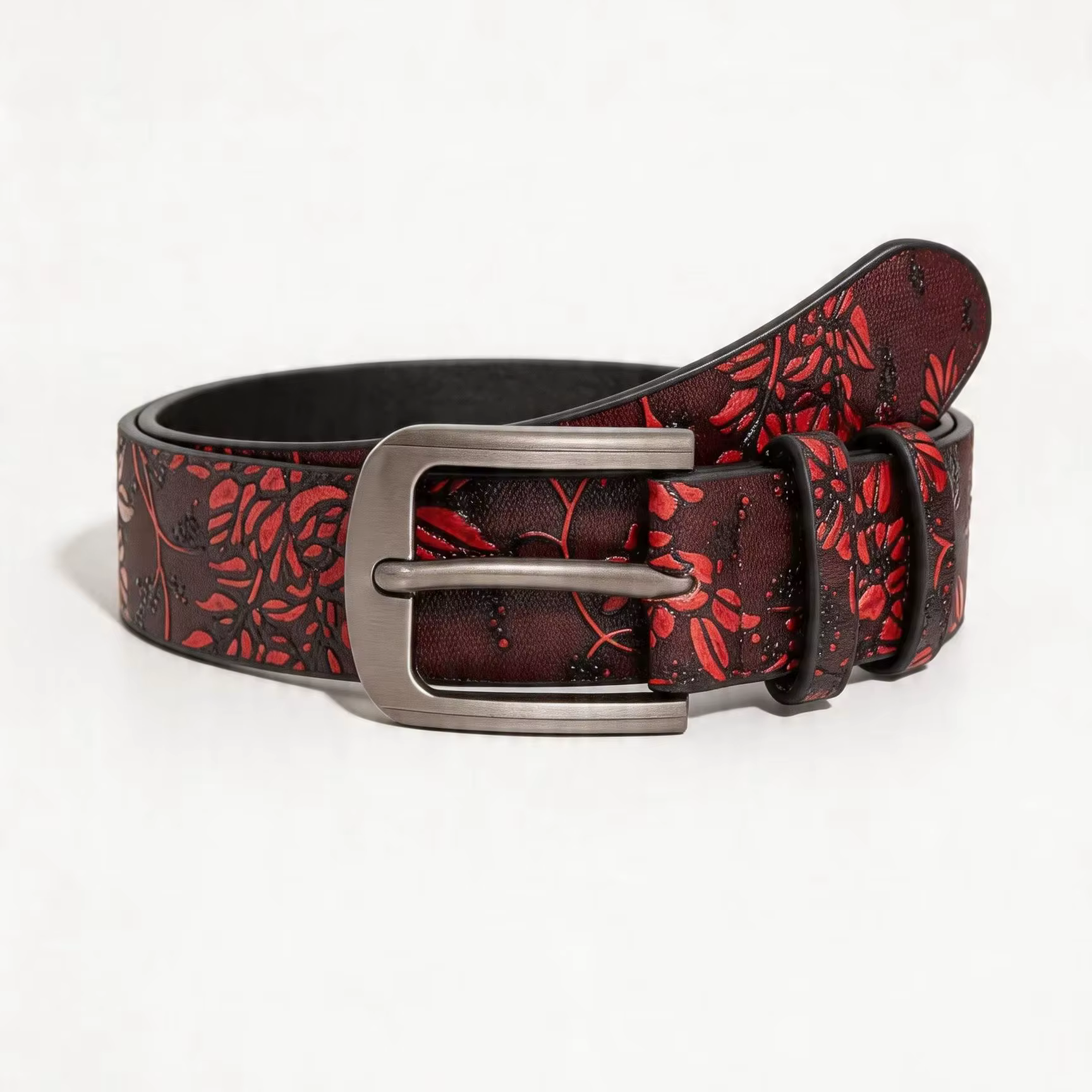 Ceinture vintage à fleurs gaufrées bordeaux pour femme