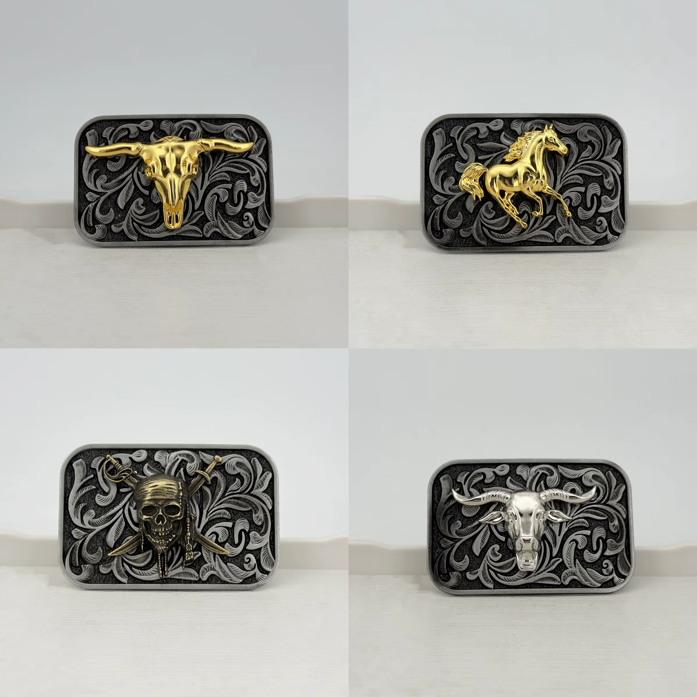 1 pièce Boucle de ceinture carrée grande taille en argent antique vintage avec motif amusant tête d'animal cheval
