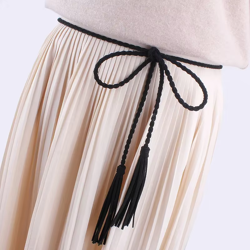 Mode femmes taille gland tressé torsion tissage ceinture tricoté décoré corde pour robes chemise
