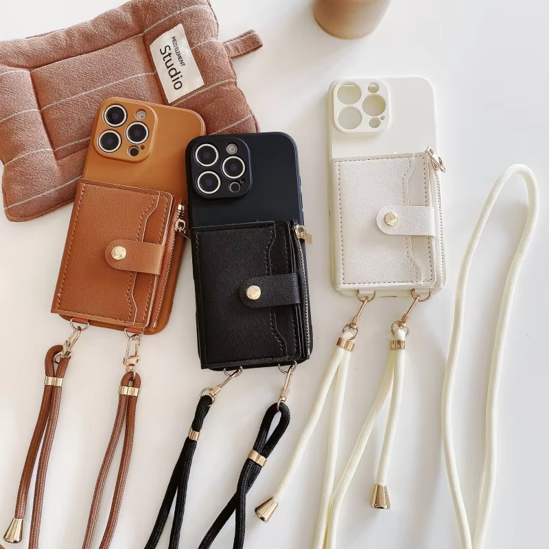 Étui portefeuille avec sangle pour iPhone 17 Pro Max, 17 Air, 17 Pro, 17P, avec fentes pour cartes, cordon bandoulière, en cuir PU et silicone