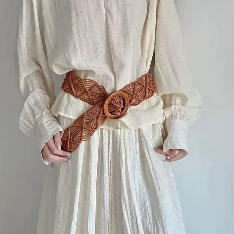 Ceinture en corde cirée tressée à la main style bohème, accessoire ethnique printemps/été avec boucle en bois pour robes