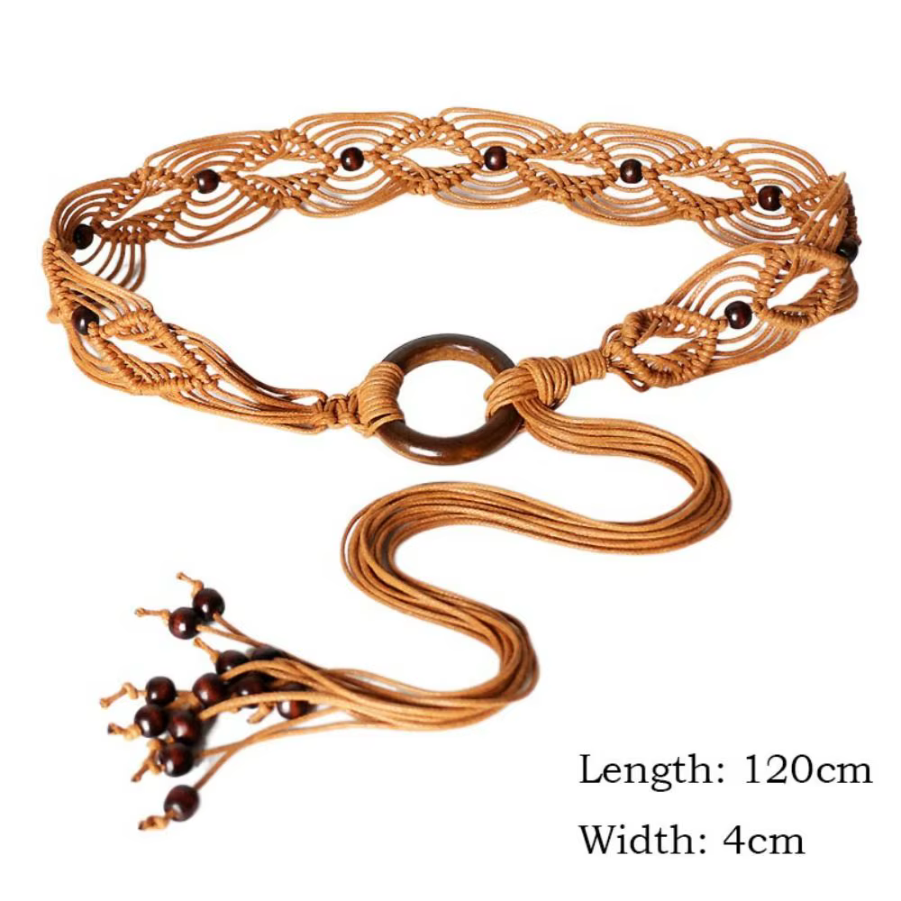Ceinture tressée rétro pour femme, style bohème, large, ajustable, à nouer, pour robe