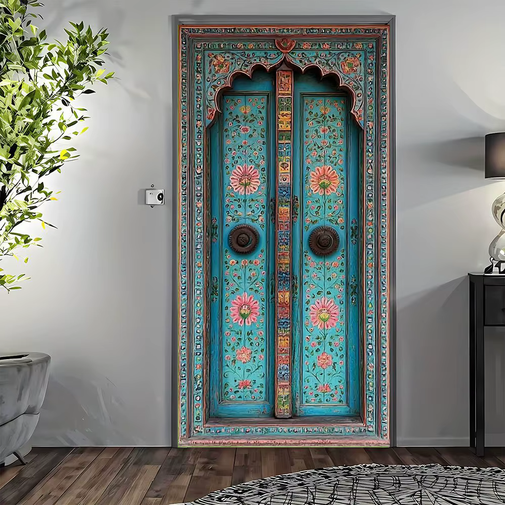 Rideau de porte 2D, 1 pièce. Bleu-vert et or combinés, imprimés dans un style profondément influencé par la culture indienne.