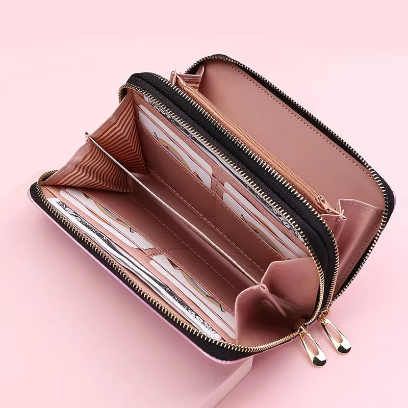 Femmes portefeuilles Double fermetures éclair dame longue porte-monnaie porte-cartes femme sacs à main