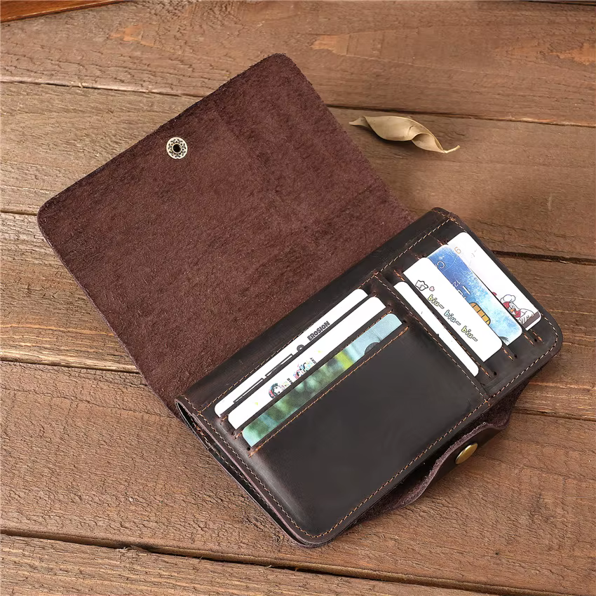 Portefeuille à rabat long en cuir vintage pour hommes avec moraillon, 100% cuir véritable, livraison directe