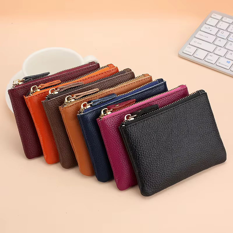 Porte-monnaie en cuir véritable noir pour hommes et femmes