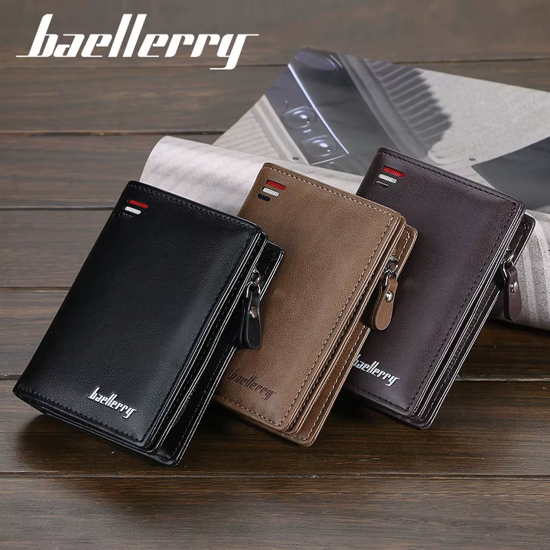 Portefeuille court pour homme Baellerry en cuir PU avec poche à monnaie zippée, vintage, grande capacité, porte-cartes