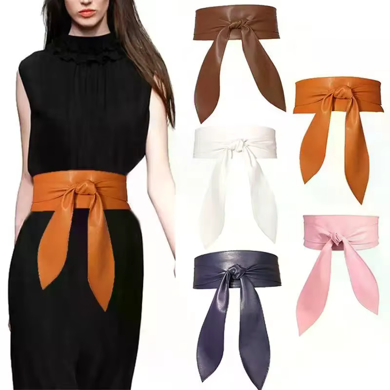 Ceinture large en cuir PU marron, blanc et noir, avec nœud, confortable, idéale pour les robes, tenues décontractées et de soirée