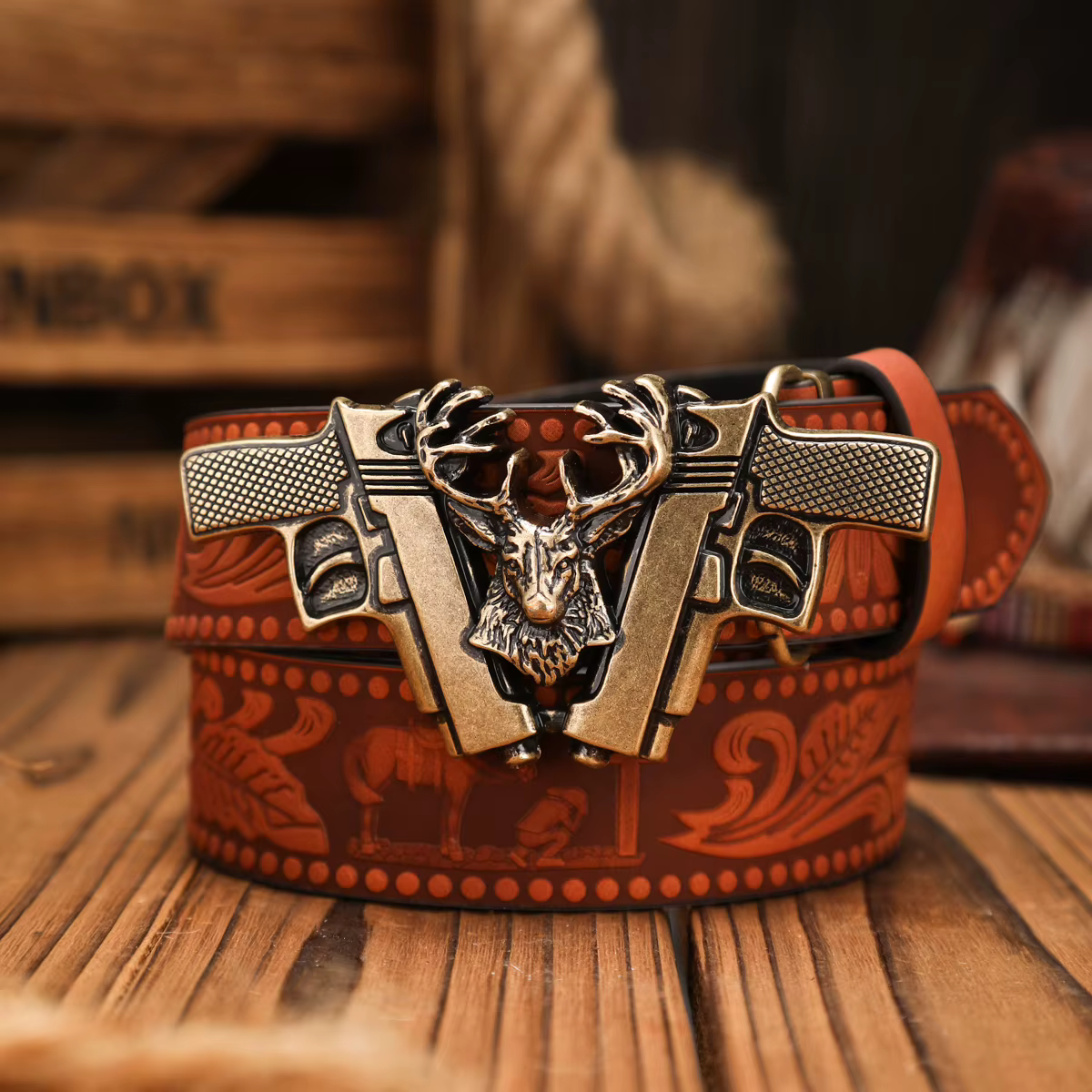 Une ceinture en PU à boucle de style occidental adaptée aux hommes et aux femmes