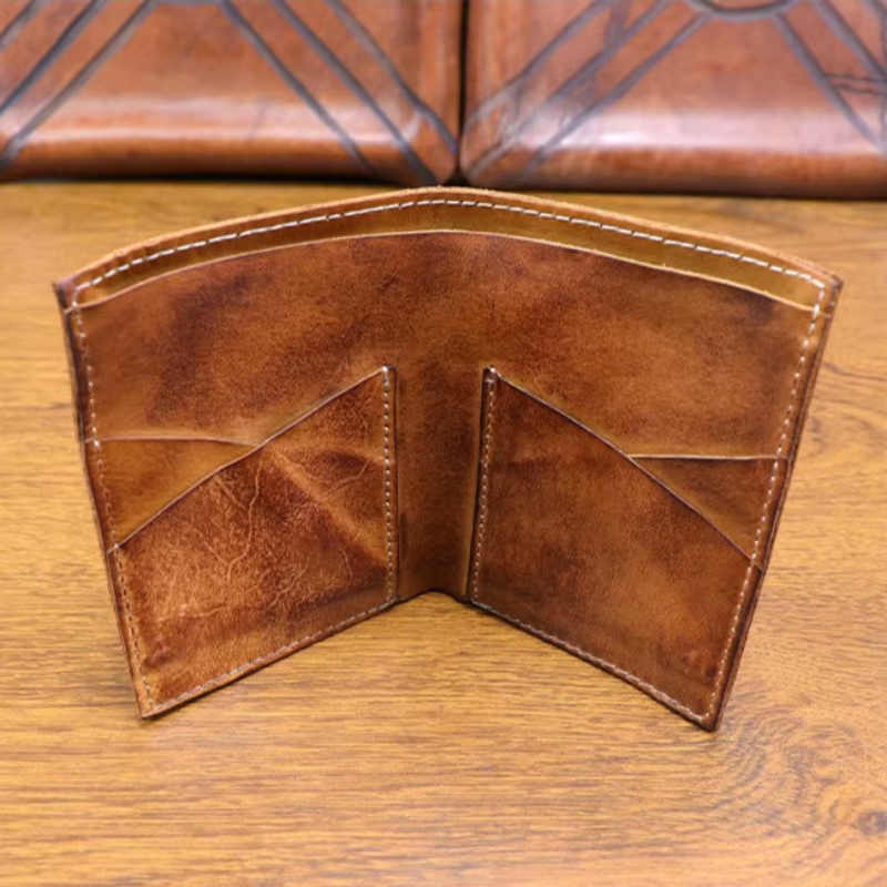 Portefeuille court rétro multicolore pour hommes, fait à la main, en cuir tanné végétal en détresse, fentes multi-cartes, porte-monnaie en cuir de vache