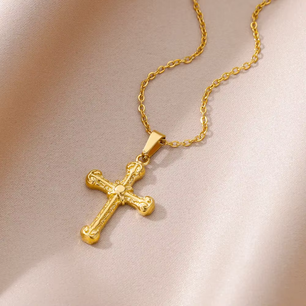 Collier pendentif porte-bonheur couleur or pour femmes, bijoux en acier inoxydable, accessoire esthétique, ras du cou, colliers de déesse croisée