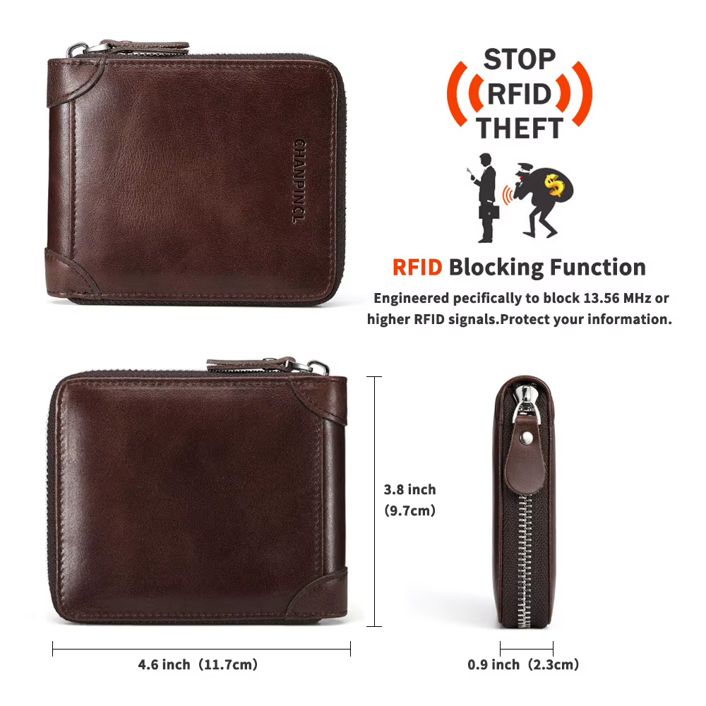 Portefeuille Homme Cuir Italien Vintage Fermeture Éclair Intégrale CHANPINCL – Poche à Pression