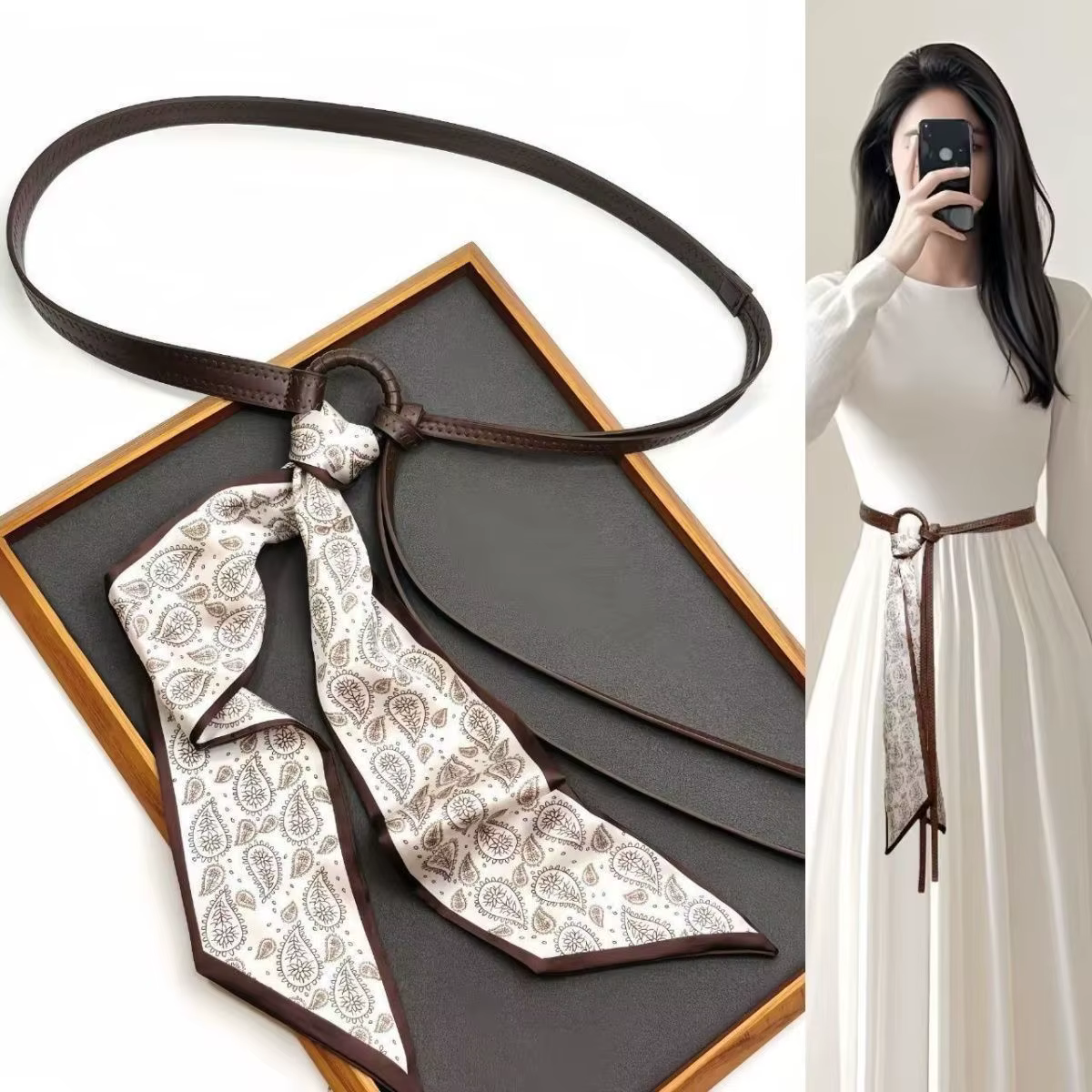 Ceinture de taille pour femmes en cuir PU rétro, style punk et bohème Y2K, avec foulard en soie, tendance, décorative pour jeans et robes