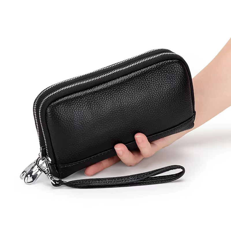 Femmes Long portefeuille en cuir véritable bracelet pochette sac à main 2 couches fermeture éclair portefeuilles