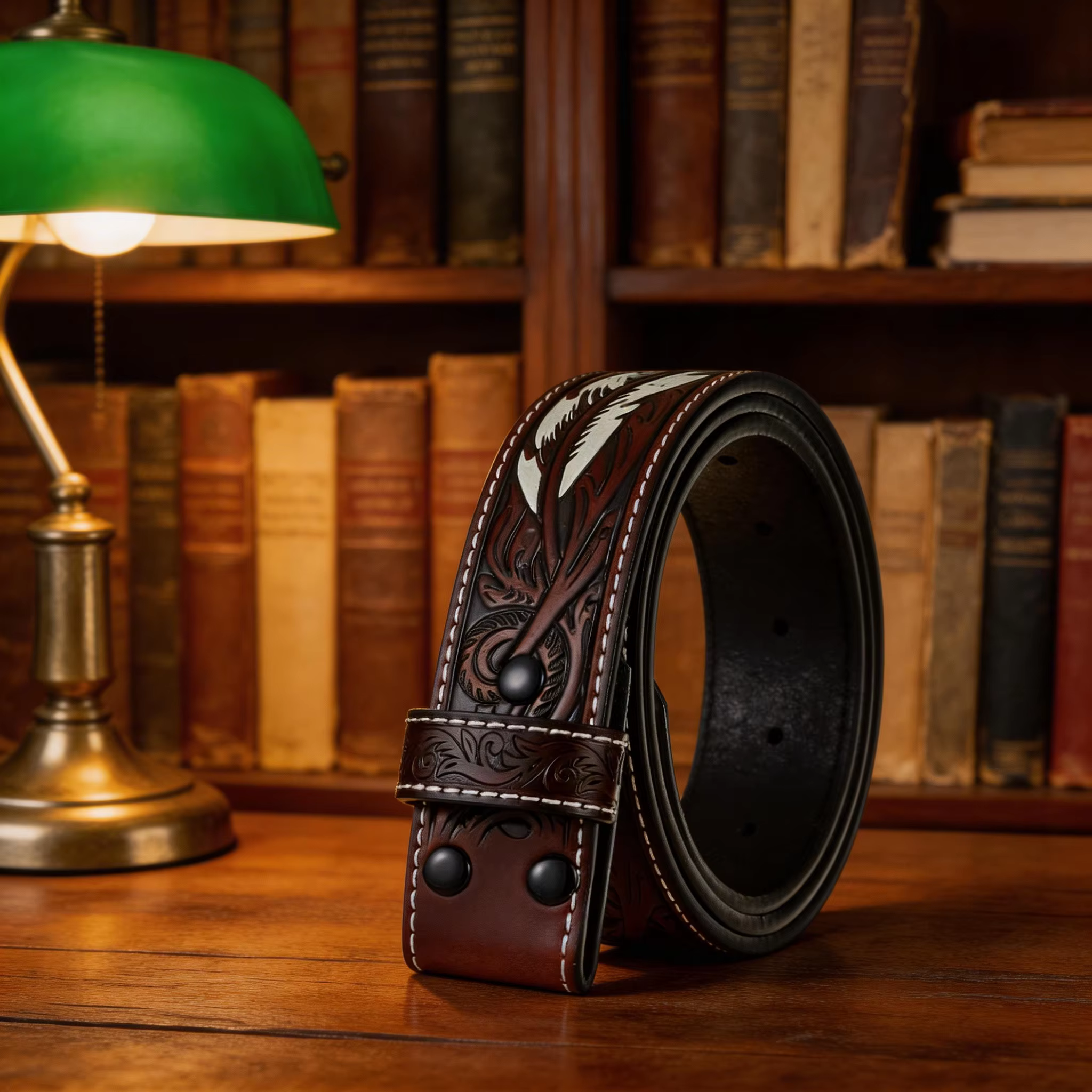 Ceinture en cuir faite à la main - Design rétro à motif de plumes en relief