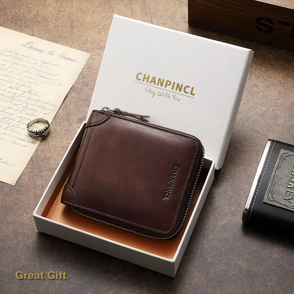 Portefeuille Homme Cuir Italien Vintage Fermeture Éclair Intégrale CHANPINCL – Poche à Pression