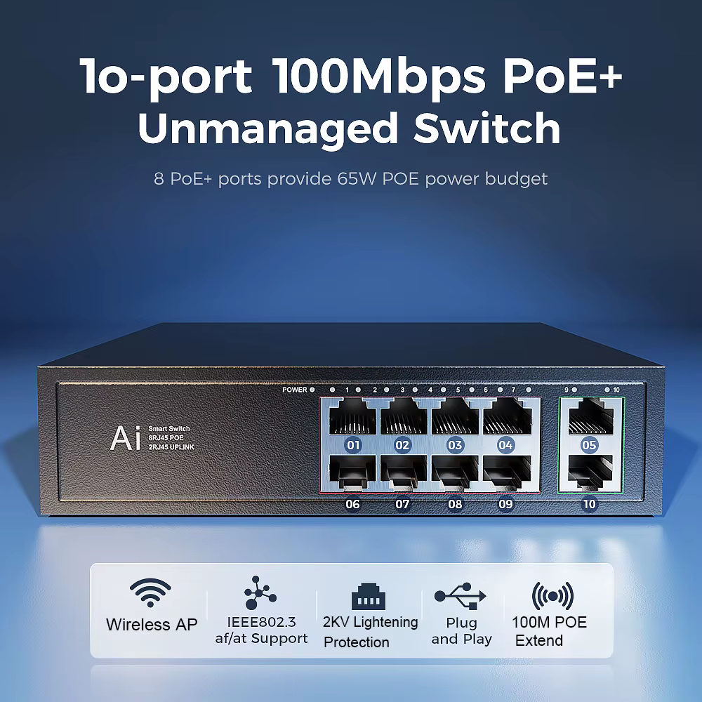 Ienron-Commutateur Ethernet POE, 6/10 Ports, 100Mbps, Stérilisation POE, Commutateur réseau 3PG/at, Routeur WiFi, Caméra IP