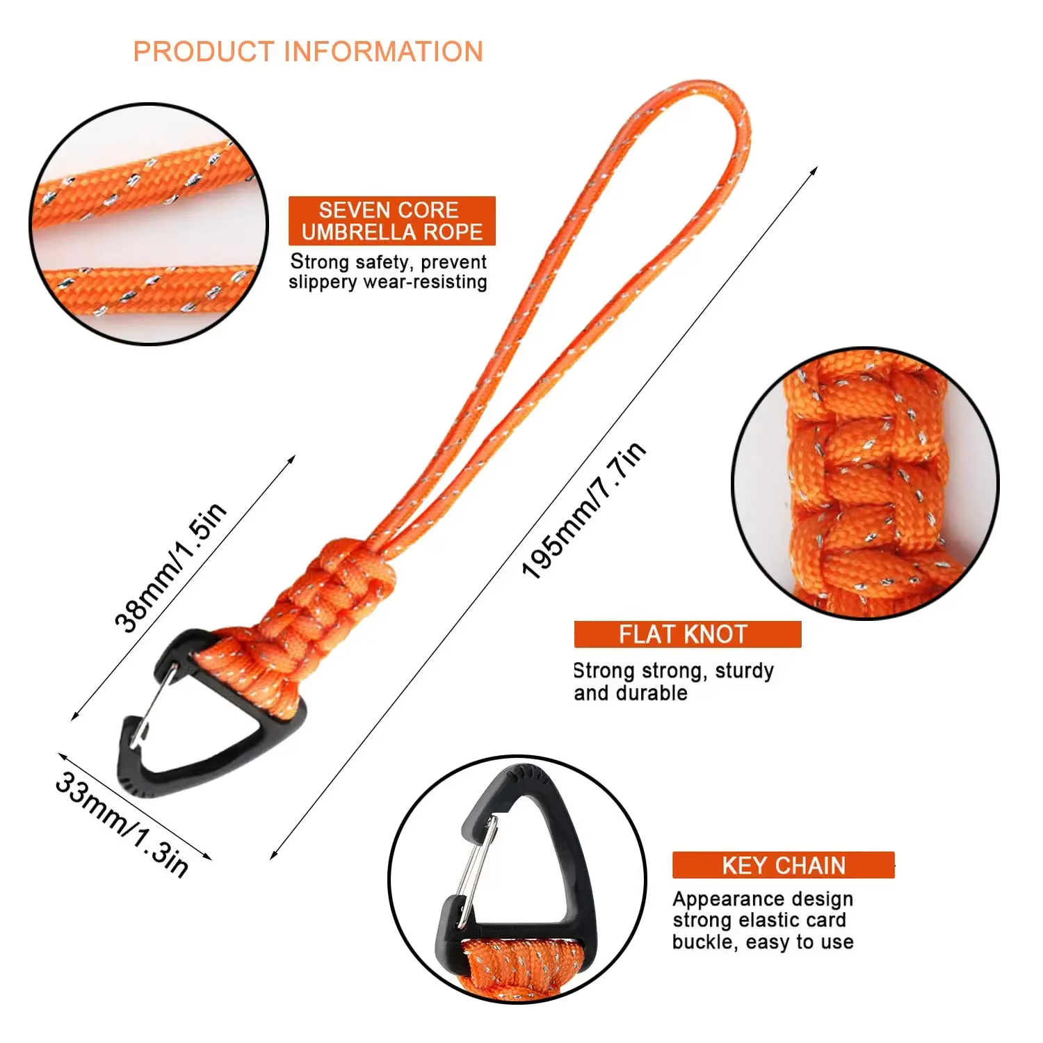 Porte-clés lanière paracorde avec mousqueton triangulaire et sangle tressée