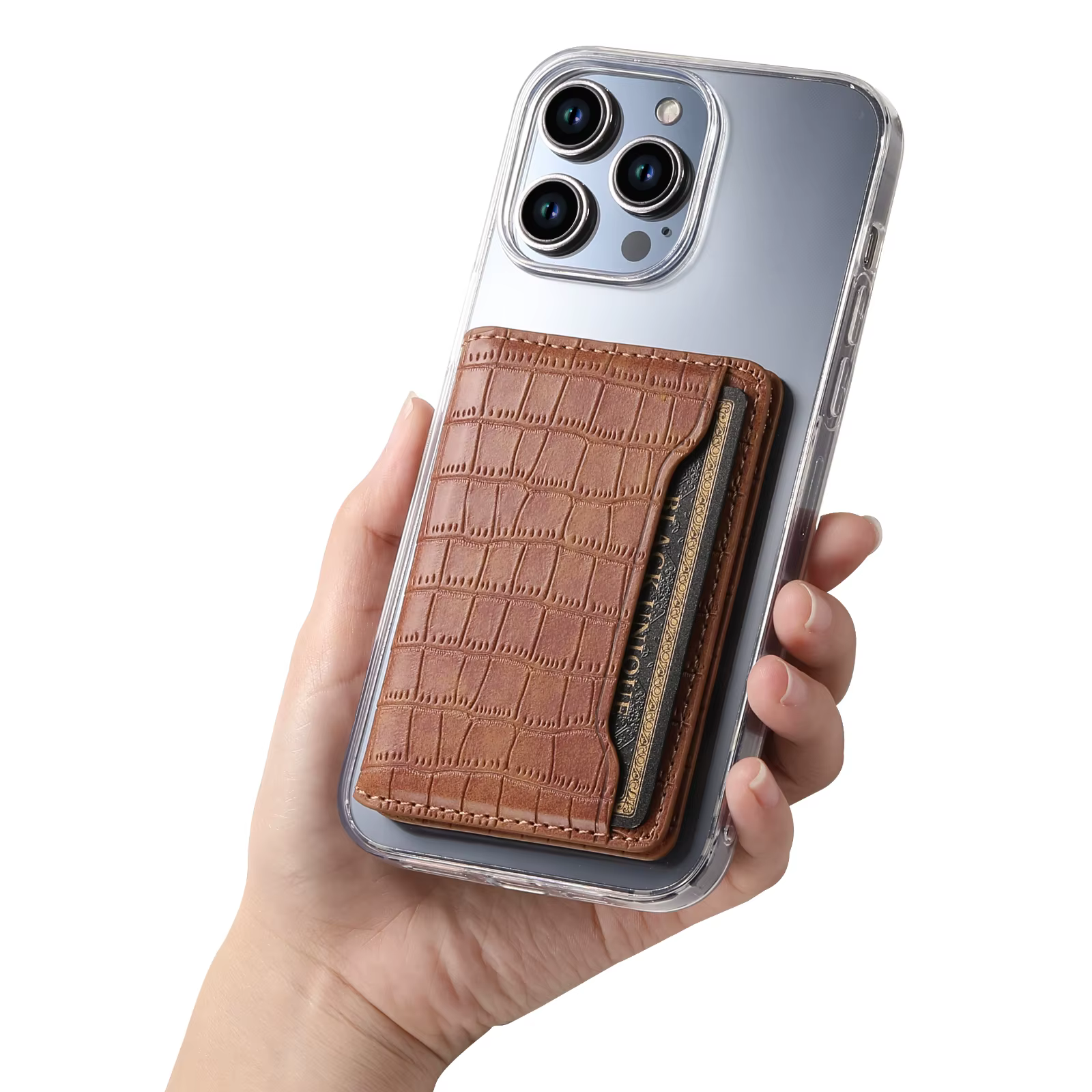 Porte-cartes adhésif en cuir PU gaufré crocodile à double fente pour téléphones iPhone et Samsung