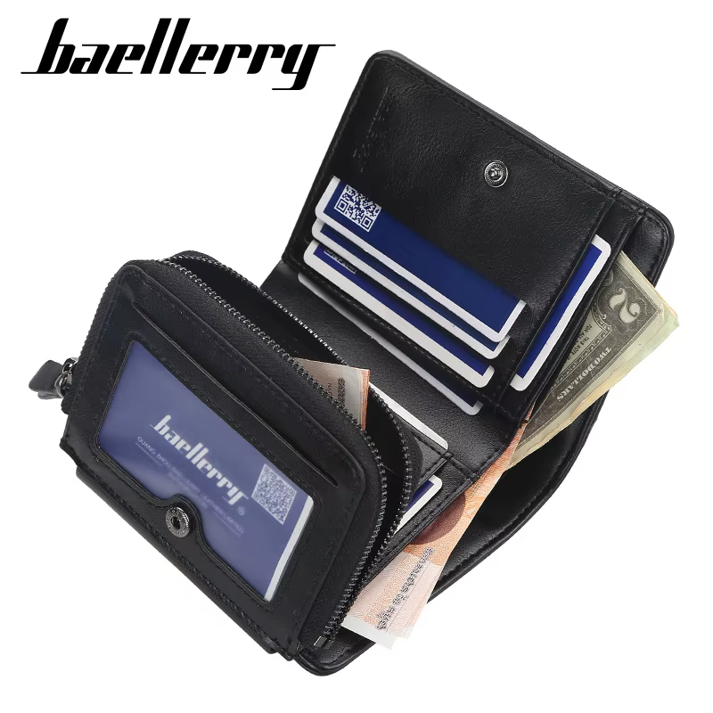Portefeuille pour homme Baellerry en cuir PU avec fermeture éclair de haute qualité, porte-monnaie vintage, design court, porte-cartes, sac à main pour homme