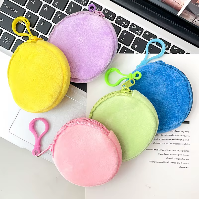 Porte-monnaie rond en peluche solide simple pour hommes et femmes