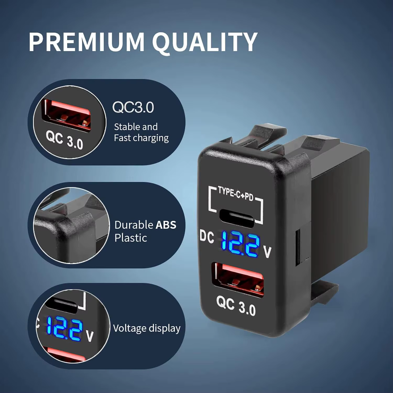 Prise de chargeur de voiture USB, Charge rapide 3.0 et PD, Port USB C, adaptateur de prise de courant pour véhicules Toyota 12V/24V