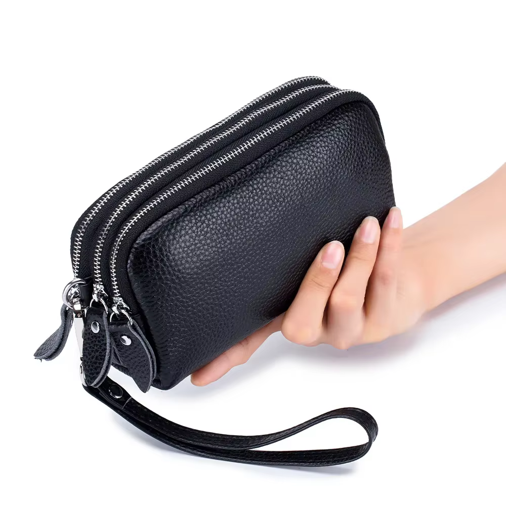 Femmes Long portefeuille en cuir véritable 3 couches fermeture éclair sac à main grande capacité bracelet pochette