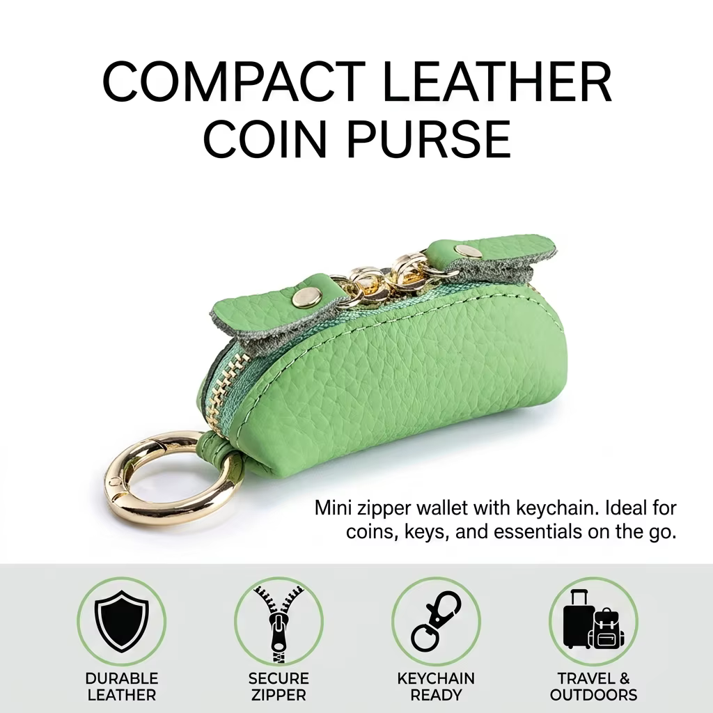 Porte-monnaie compact en cuir avec fermeture éclair sécurisée et porte-clés