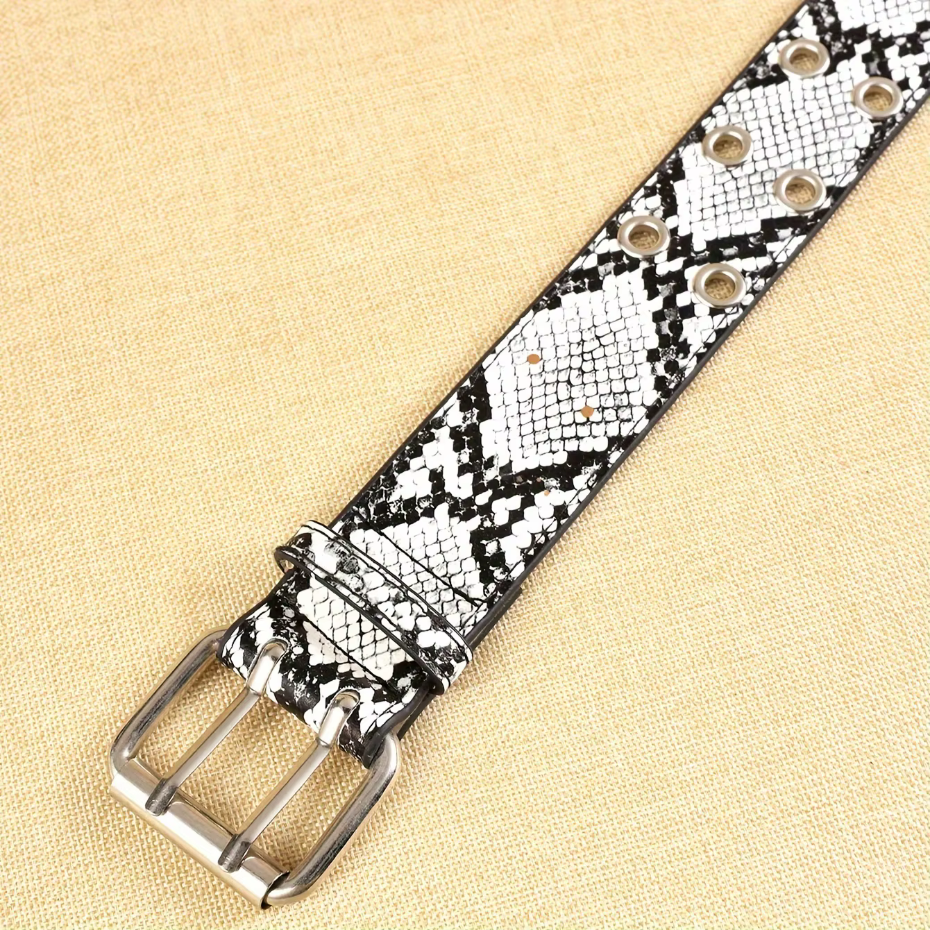 Ceinture en cuir PU à motif python noir et blanc pour femme