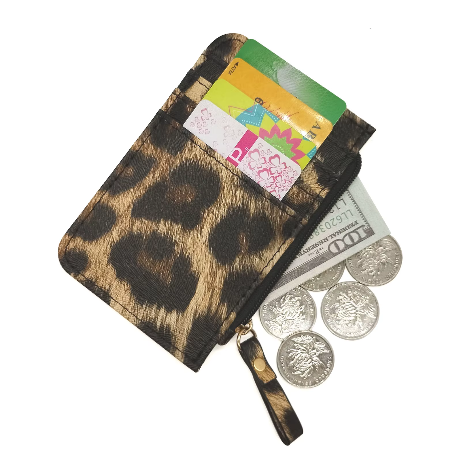 Nouveau portefeuille de cartes mince en cuir motif léopard pour femmes et hommes petit porte-monnaie à fermeture éclair sac porte-carte de crédit d'affaires beaux cadeaux