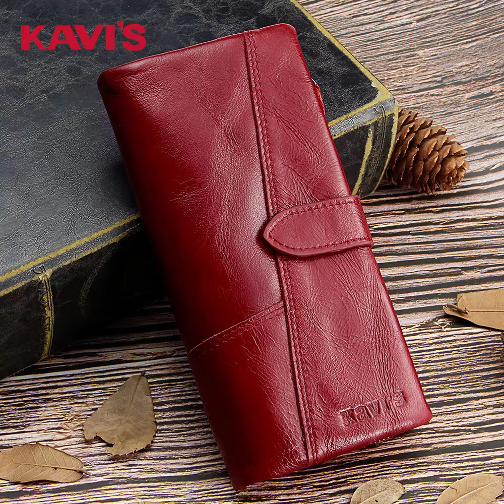KAVIS-Portefeuille en cuir véritable pour femme, porte-monnaie unisexe, pochette longue pour femme, sacs pour téléphone portable, porte-cartes, mode