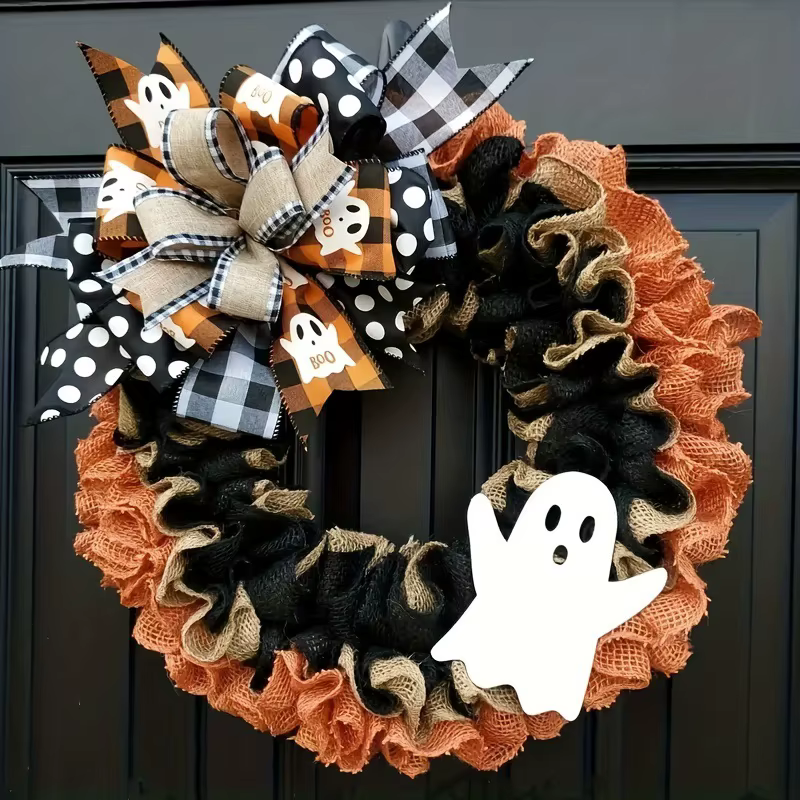 Fournitures de décoration d'halloween, couronne fantôme pour porte d'entrée, pendentif, couronne à nœud en tissu fantôme