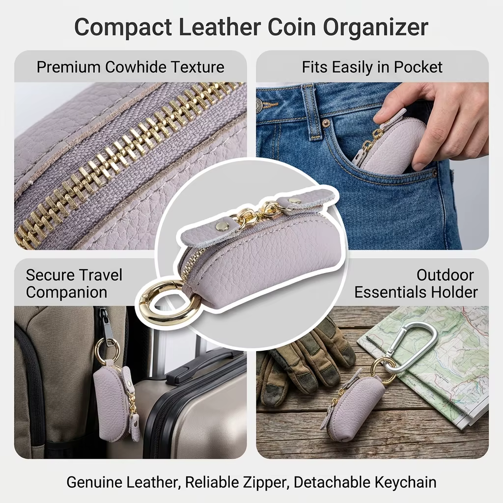 Porte-monnaie compact en cuir avec fermeture éclair sécurisée et porte-clés