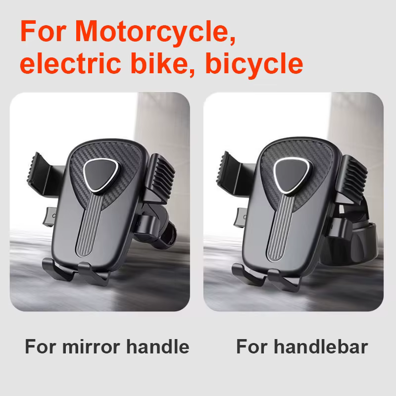 Support de téléphone pour moto, avec système de fixation par pression et orientation réglable, adapté aux vélos électriques et aux vélos.