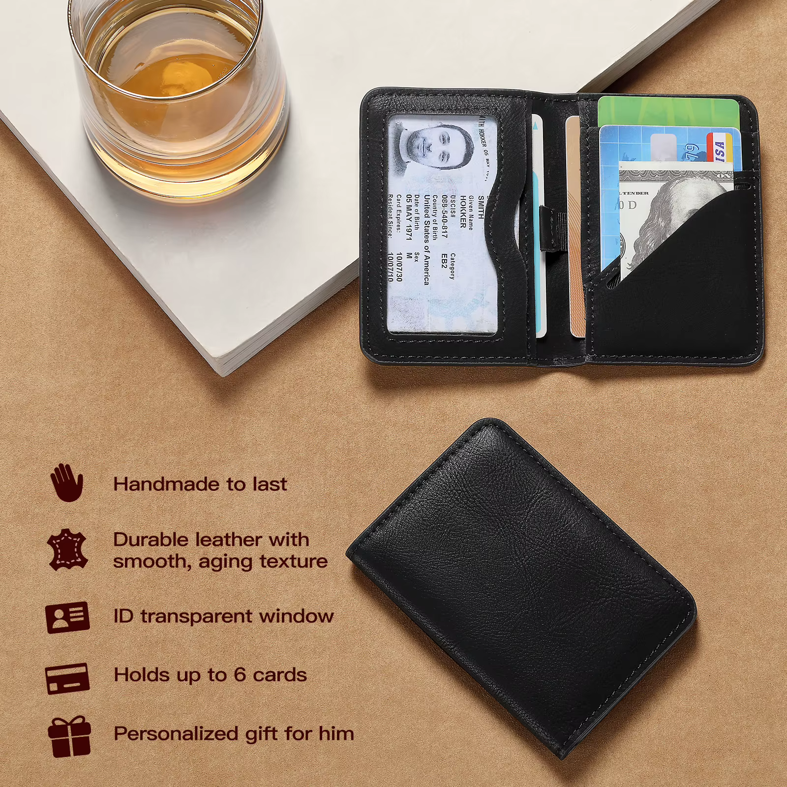 Portefeuille de poche avant en cuir pour hommes, blocage Rfid, mince, minimaliste, porte-carte de crédit, portefeuille Ultra fin avec fenêtre d'identification