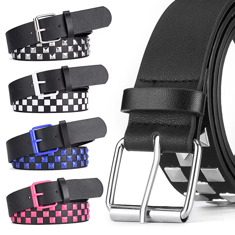 Ceinture punk unisexe en cuir PU 107CM avec rivets : style à carreaux droit de la scène hip-hop