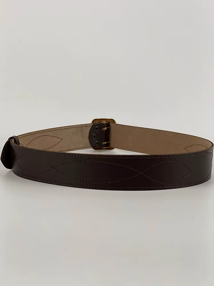 Ceinture en cuir de vachette à double boucle métallique russe, noir et marron