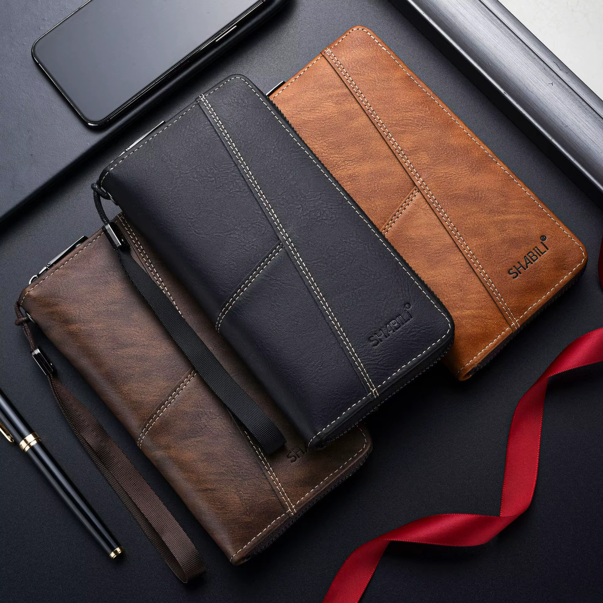 Portefeuille long en cuir pour hommes – Conception à fermeture éclair fine avec une capacité élevée