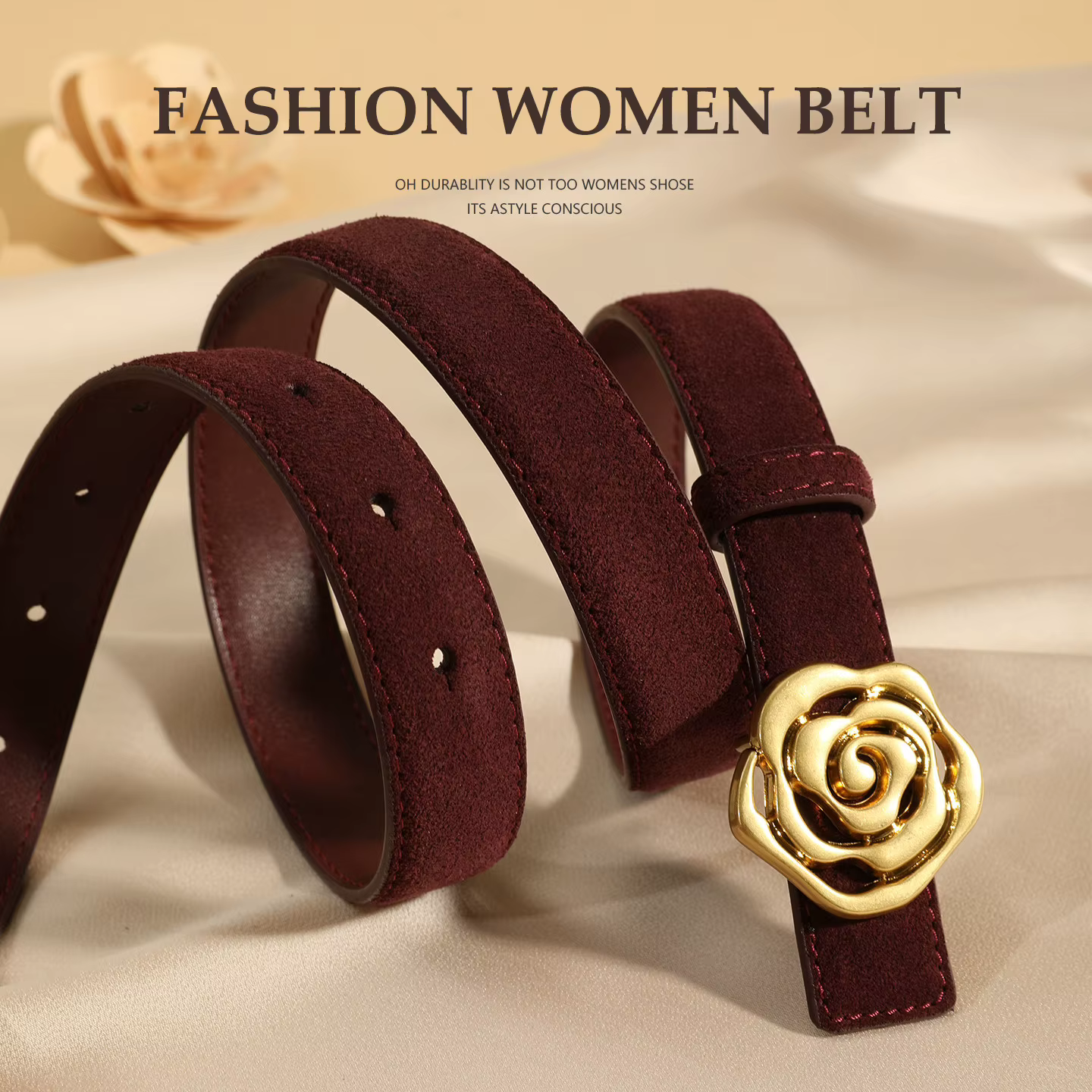 Ceinture en cuir suédé pour femme, style vintage, boucle fleur rose dorée, avec emballage cadeau, pour robe ou jean