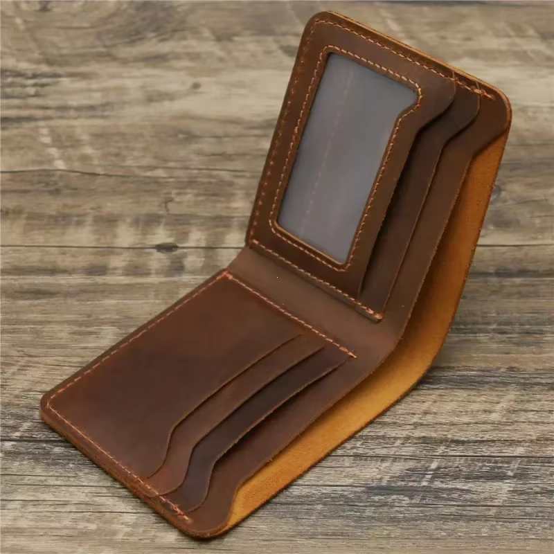 Portefeuille en cuir Crazy Horse pour hommes, portefeuille en cuir véritable, sac à cartes, Style rétro européen et américain Simple, porte-monnaie pour hommes