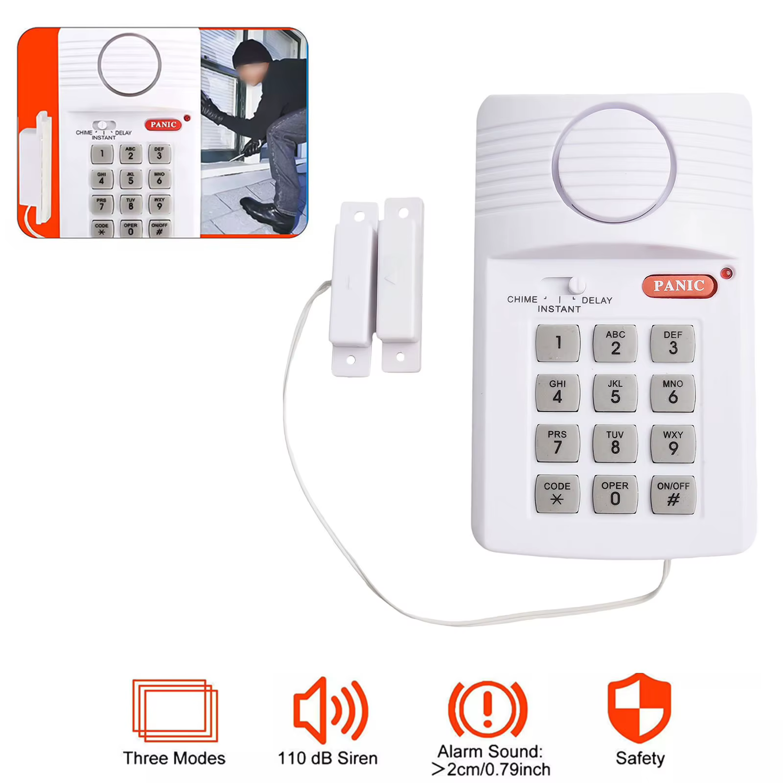 Alarme de porte sans fil 13*8*4CM, installation facile, système d'alarme sans fil, connectivité sans fil, fonction de contrôle par clavier