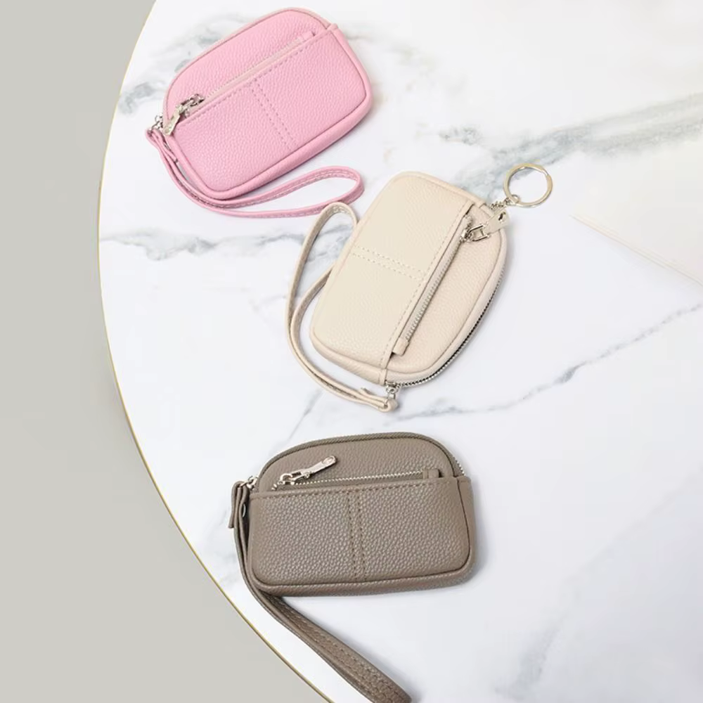 Mini portefeuille Portable en cuir PU pour femmes, sac de rangement de couleur unie, porte-monnaie pour étudiants, fermeture éclair, grande capacité, sac pour clés de poignet, à la mode